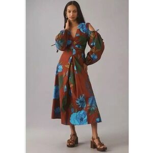 NEWFarm Rio Maxi Long Sleeve V Neck Dress Sz XS Floral Cold Sholder Boho‎ Casual